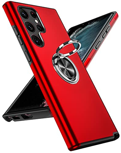 LeYi for Samsung Galaxy S22 Ultra Phone Case, Shockproof Protective Cover | Invisible Metal Ring Stand Holder Tough Shockproof Protective Phone Cover for S22Ultra - Red