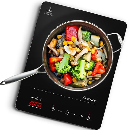Aobosi Induktionskochplatte,Induktionskochfeld 1 Platte, 20 Leistungsstufen und 20 Temperaturstufen,2000W Tragbares Induktionskochfeld,LED Display,10H-Timer,Booster-Funktion,Silber