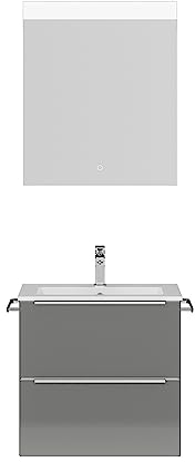Lomadox Badmöbel Waschplatz Set mit 61cm Waschtisch, Spiegel und LED Beleuchtung, Griffleisten edelstahlfarben, Hochglanz grau, B/H/T ca. 61/169,1/48,7 cm