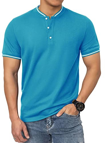 Men's Henley Shirts Mens henley stand up collar Basic Henley Loose Fitted Design three Button Standout Performance Tech Golf Polo Sun Protection Mesh Sports T-Shirts UPF50 baseball polo tee Jersey