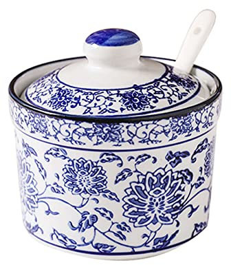 Azucarero De Porcelana Azul Y Blanca China con Tapa, Azucarero De Porcelana con Cuchara, Salero Pequeño, for Barra De Café, Restaurante-Azul Y Blanco-frascos De Especias De Cocina Individual (Color :
