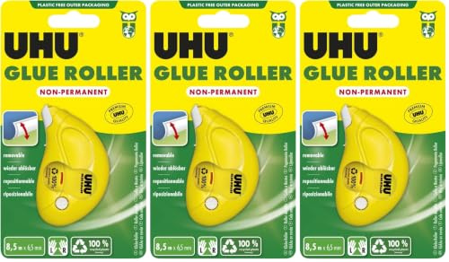 UHU Roller de colle non permanent - Colle de façon non permanente et repositionnable, rapide, propre, précis et instantané, sans solvants, transparent, 8,5 m x 6,5 mm (Lot de 3)
