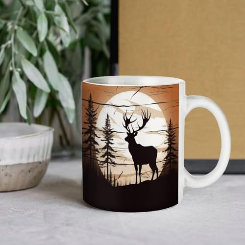 GHBNK Große Kaffeetasse aus Porzellan mit Henkel, Keramik-Kaffeetasse, personalisierte Tasse, Neuheit, Kaffeetasse, wilde Elch-Silhouette, Teetasse, lustige Tasse für Büro und Zuhause