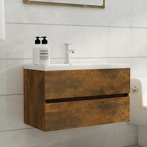 TREISL Mobili da Bagno Rovere Fumo 80x38,5x45 cm Legno Multistrato Mobile Sottolavabo Spazio Aggiuntivo Armadio da Bagno Aspetto Ordinato Mobile Lavabo Robusto Mobili Multifunzionali