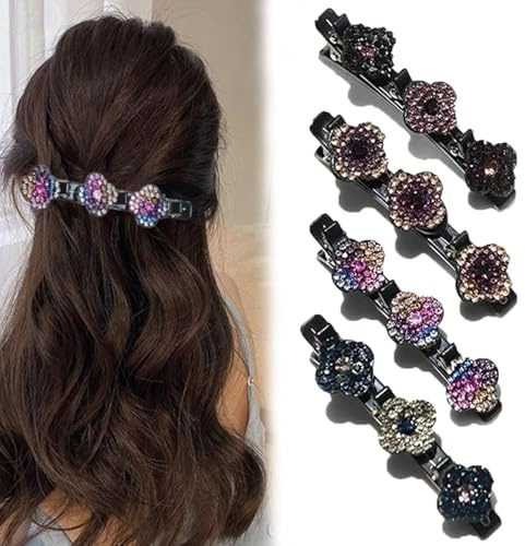 Doppelschicht Haarspangen für Frauen Mädchen, Glitzernde Kristall-Stein Geflochtene Haarspangen, Kolibri Haarspange mit Kristallblume, Geflochtene mit 3 Mini-Haarspangen, Strass-Haarspange (4stück)