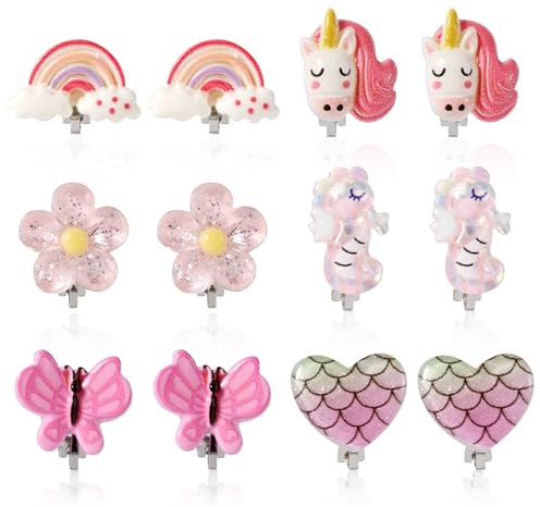 6 Paar Clip Ohrringe für Mädchen mit 12 Ohrpolstern, Clip Ohrringe Einhorn Schmetterling Regenbogen Blume Nicht Durchbohrte Ohrringe Clip Ohrringe Kinder Mädchenschmuck Geschenke