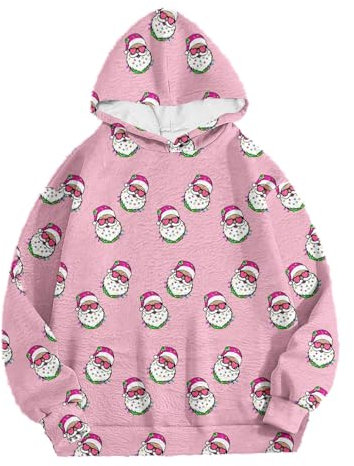 Damen 2025 Festlicher Hoodie Trendy Christmas Look Damen Langarm Pullover Fuzzy Fleece Sweatshirt Casual Loose Fuzzy Hoodies mit Taschen Langer Reißverschluss Hoodie, rose, S