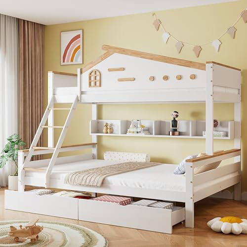 Merax Etagenbett Kinderbett 90x200 & 140x200 cm für 2-3 Kinder, Hochbett mit Leiter & 2 Stauraum Schubladen & Lagerregal, Holzbett Stockbett Bettgestell mit Rausfallschutz, Weiß & Natur, Ohne Matratze