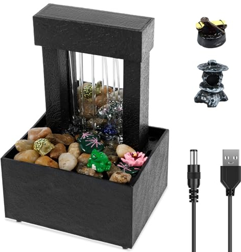 Tabletop Fountain with Light Indoor Desktop Waterfall Fountain Battery/USB Operated Mini Water Fountains Feature Waterfall Decor Sound Relaxation Fountains Ornament for Office Home Bedroom