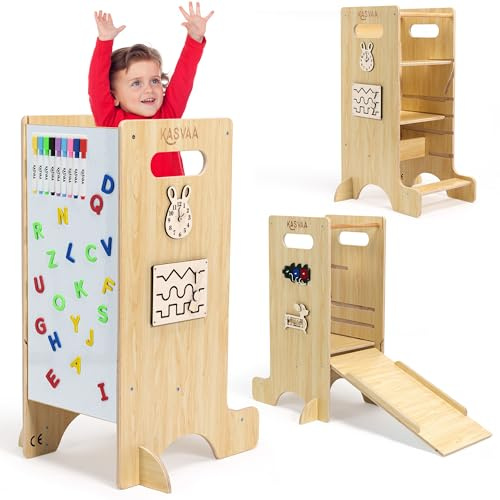 KASVAA Torre de Aprendizaje Montessori con Pizarra Magnética, 8 Rotuladores y 26 Letras – Learning Tower 5 en 1 Regulable en 3 Alturas con Tobogán y 4 Juegos – Madera CE/EN71, Antivuelco 60 kg