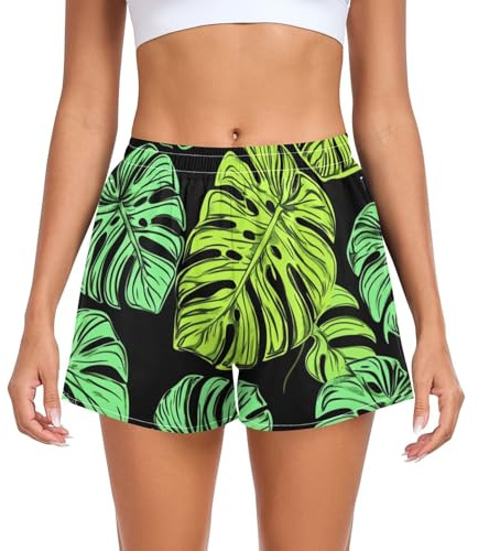 KLL Green Monstera Deliciosa Short de sport ample et confortable pour femme, pour salle de sport, salon, plage, maison, extérieur, Green Monstera Deliciosa, S