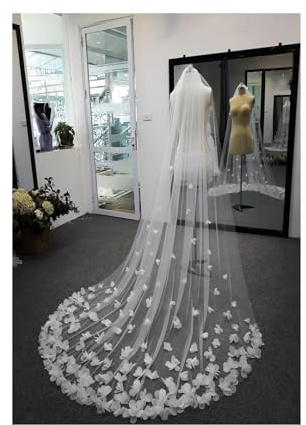WEOKDFHA Brautschleier Weißer Langer Kathedralen-Hochzeitsschleier Mit 3D-Blumen, Floraler Spitze Und Blütenblättern, Braut-Hochzeitszubehör(Ivory,300cm)