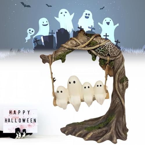 Ghost on a Tree Swing, Cute Halloween Swinging Shadows, Funny Ghost Tree Swing Decor,for Desktop Bookshelf Garden Patio Lawn Halloween Decor (Swing Ghost B)