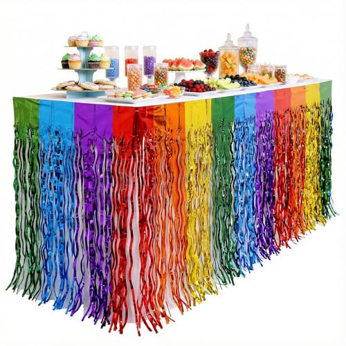 2 decorazioni per feste arcobaleno, ondulate, metalliche, con frange, per decorazioni di carnevale, adatte per compleanni, matrimoni e feste di carnevale (75 x 275 cm)