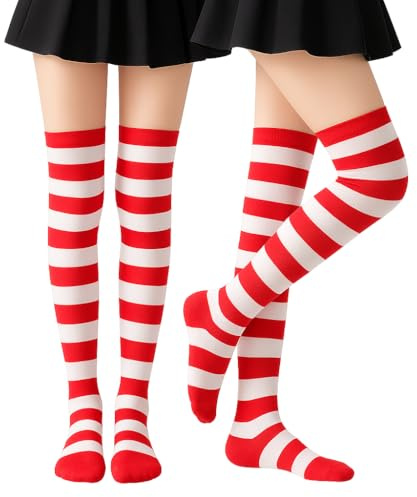 JClorix 2 par Overknee-strumpor ovanför knäet, långa damstrumpor, randiga knästrumpor för kvinnor, karneval jul halloween, Röda och vita ränder, one size