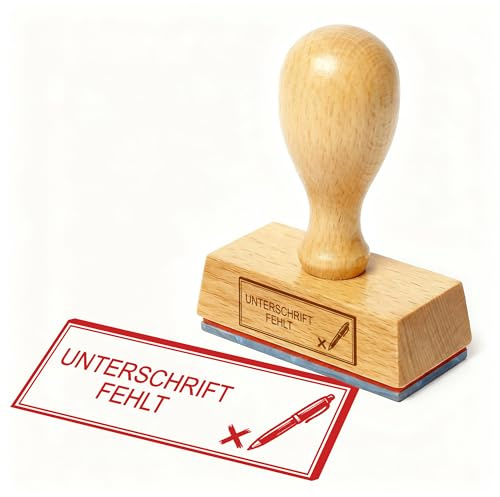 Dekolando Bürostempel UNTERSCHRIFT FEHLT Stift über X Stempel – Holzstempel 48x18 mm für Dokumente – Signatur fehlt, unterschreiben erforderlich – Büroartikel – Büro & Buchhaltung