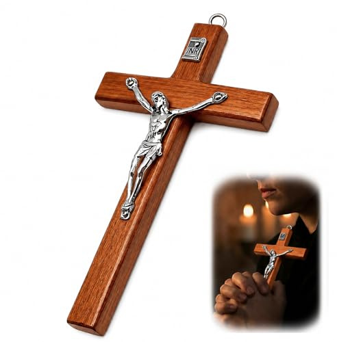 NYVOR Jesus träkors, 7 x 12,5 cm kors med upphängningshål för väggen reliefmönster, jesuskreuz av trä, gåva för religiöst, kristen kors, inredning (mörkbrun)