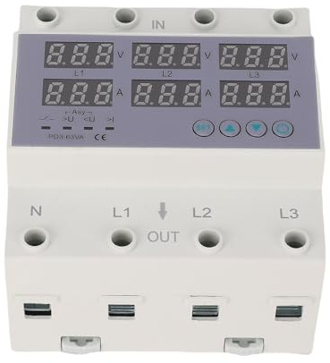 Amperometro voltmetro su guida DIN trifase con sovracorrente automatica AC230-300V Display digitale Protezione tensione e corrente per monitoraggio elettrico (40A)