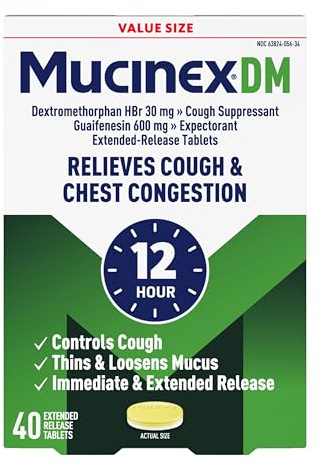 Mucinex DM 12Hr Chest Congestion & Cough Medicine For Adults, Cold And Cough Medicine for Excess Mucus Relief, 600 mg Guaifenesin & 30 mg Dextromethorphan HBr, 40 Bi-Layer Tablets