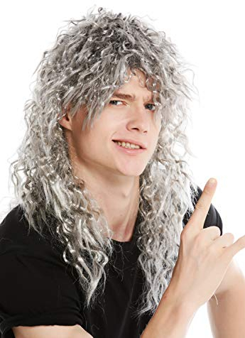 WIG ME UP - 90750-ZA68R Perücke Damen Herren Wilde Grau Mähne Kink Locken Volumen alter grauer Fußballspieler Vokuhila Proll 50 cm