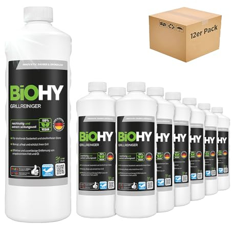 BiOHY Limpiador de parrillas (12 botellas de 1 litro) | limpiador para barbacoa de carbón vegetal, gas y eléctrica | espuma activa contra la grasa quemada y el aceite (Grillreiniger)