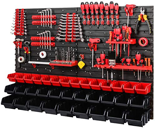 Cassetta degli attrezzi impilabile 1152 x 780 mm Set di supporti per attrezzi e 34 pezzi Scaffale da parete per officina mensola forata scaffalatura per magazzini scatole di stoccaggio (rosso nero)