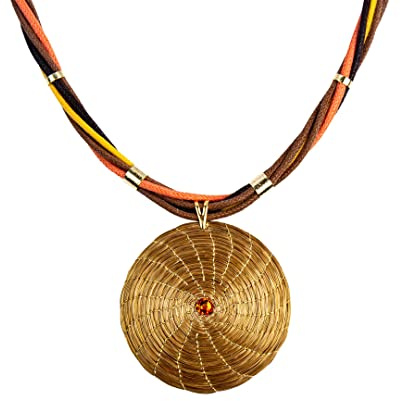 VERA NAVARRO - Collier avec Pendentif Mandala en Or Végétal Ø 50 mm avec Cristal Orange - Cordon Entrelacé de 42 cm avec Embellissements et Extension - 100% Naturel Fait Main