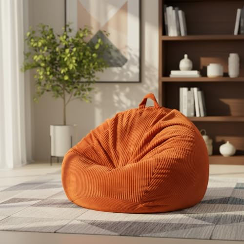 ZhenLives Stuffed Animal Storage Bean Bag Chair Cover, Cover Only (No Filler), Corduroy Toy Organizer Floor Cushion Seat, 48 in/120 cm Slipcover for Teens & Adults, Amber Color