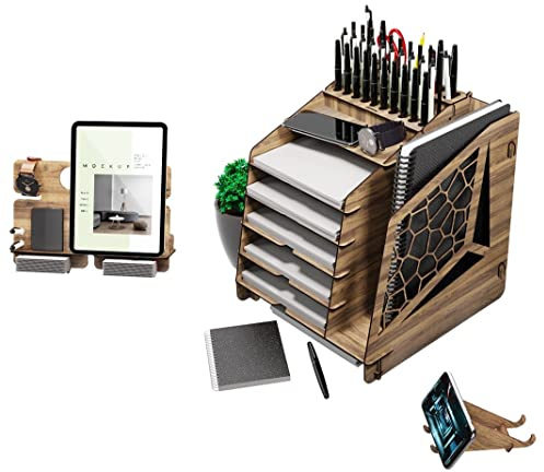 Generisch Schreibtisch Organizer groß, HxBxT 35,5x31x34,5cm, Tisch Organizer Holz, Organisation Schreibtisch, Büro Organisation, Büro Organizer, Organiser, MDF, Nussbaum