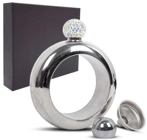 Flasque pour homme et femme, Rigrer Bracelet flasque en acier inoxydable 304 100 ml Entonnoir avec liquides et couvercle en cristal, flasque de poche dans une boîte cadeau pour fête d'anniversaire
