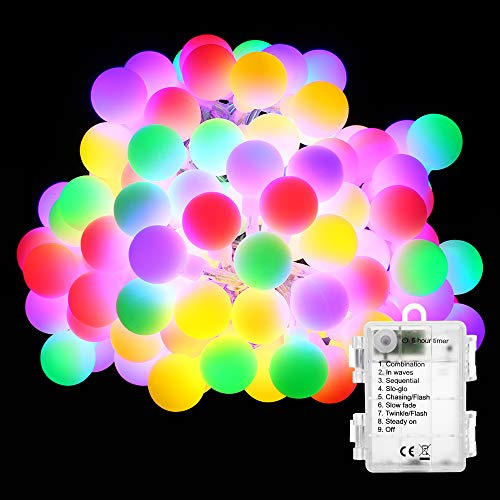 PhilzOps 50 LED Kugeln Lichterkette Bunt, 5M Lichterkette Aussen Batterie 8 Modi Wasserdicht RGB Partybeleuchtung mit Speicherfunktion für Deko Weihnachten Innen Kinderzimmer Hochzeit Balkon