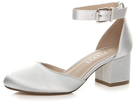 Damer mitten blockklack ankelrem spänne eleganta pumps sandaler storlek, Silversatin, 41 EU