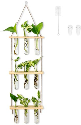 CRITIVE-Shop Kit Terrario - Stazione di Propagazione per Piante Idroponiche - Terrario in Vetro a 3 Livelli Sospeso - Parete di Piante con 7 Provette e 3 Chiodi Non Sbiadenti (Colore Legno Naturale)