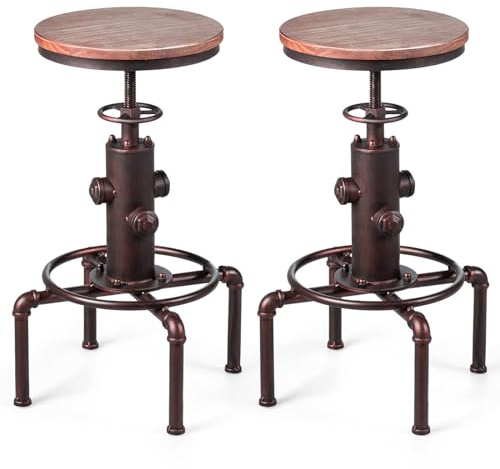 COSTWAY Barhocker höhenverstellbar 2er Set, 59,5-75 cm, Barstuhl aus Holz und Metall, Tresenhocker mit Fußstütze, Kiefer Platte, Vintage Bistrohocker, Industrie-Hocker Küchenhocker für Bar Küche