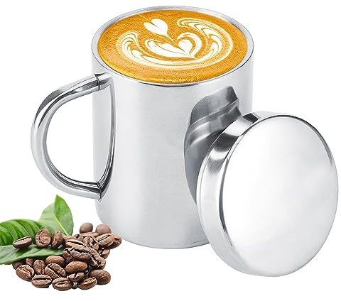 Hapivida Tazze in Acciaio Inossidabile, Tazza Termica da Campeggio Riutilizzabile a Doppia Parete Tazza da Viaggio Isolata Sottovuoto con Manico e Coperchio Tazza da caffè Tazza da Birra(220ml)