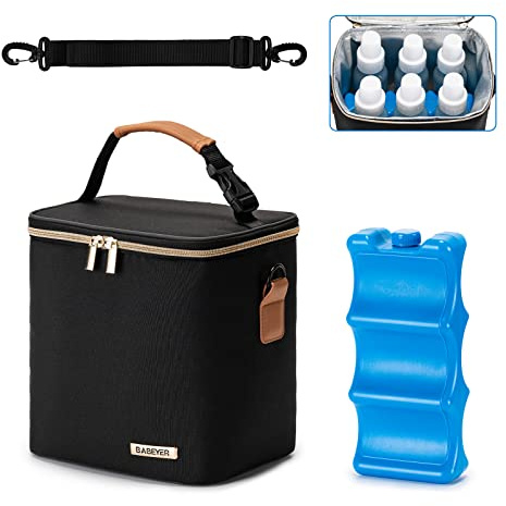 BABEYER Breastmilk Cooler Bag with Ice Pack Fits 6 Baby Bottles Up to 9 Ounce, Baby Bottle Bag with Shoulder Strap for Nursing Mom Daycare, Black