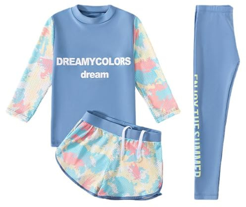 renvena Mädchen Badekleidung Kinder Badeanzug Set UV Schutz Langarm Oberteil Shirt mit Shorts Leggings Bademode Sommer Blau 128-140/8-10 Jahre
