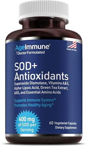 SOD Antioxidants Complex Healthy Aging Supplement - 400mg of Superoxide Dismutase - Alpha Lipoic Acid - L-Arginine -Lysine - AKG - Vitamin A - Vitamin E for Immune Support-60 Capsules