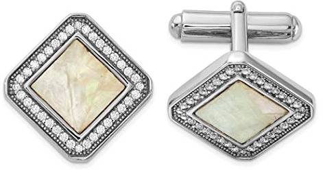 925 Sterling Silber rhodinierte Zirkonia und simuliertes Perlmutt quadratische Manschettenknöpfe Meas Schmuck für Herren, One Size, Metall Zirkonia Edelstein Metall, Zirkonia