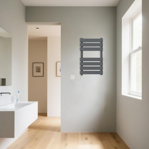Warmehaus Electric Heated Towel Rail Flat Panel Sand Grey 300W 650x400mm | Bathroom Ladder Radiator, Prefilled