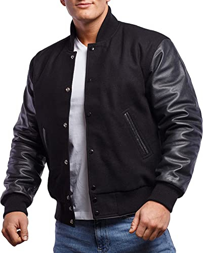 Desired Jackets Mens Black Bomber Baseball Varsity Letterman Jacket High School College Jackets Leather Sleeves Wool Body (as1, alpha, 3x_l, regular, regular)