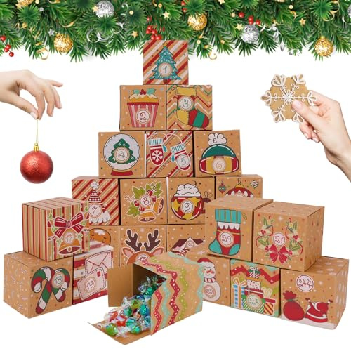PHOGARY DIY Christmas Advent Calendar Boxes, 24 Days Paper Advent Gift Box Christmas Countdown Calendar Boxes Fillable Advent Calendar Treat Box for Xmas Party Supplies Xmas Favor