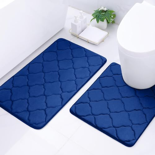 Homaxy Memory Foam Badezimmerteppich 2 teilig WC Vorleger mit Ausschnitt Saugfähige rutschfeste Badematte Waschbar Badteppich, Marineblau