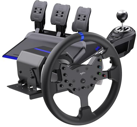 PXN V99 Steering Wheel PC, 3.2 Nm Force Feedback Steering Wheel and Pedals with Shifter, Gaming Steering Wheel for Xbox One, Xbox Series X/S, PC, PS4 with Formula-Racing Paddles, Hall-effect Pedal