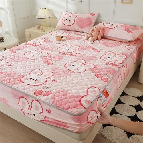 FCLDESHOP Spannbettlaken,Dickes gestepptes Korallenvlies-Spannbetttuch, Rutschfester Matratzenschoner mit Cartoon-Druck für Jungen- und Mädchenschlafzimmer, Kariertes Rosa 2,180 x 200 cm (3 Stück)