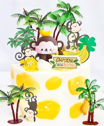 LaVenty 11 PCS Monkey Cake Decoration Monkey Cake Topper Monkey Birthday Deco Banana Cake Coconut Tree Cake Safari Cake Decorations