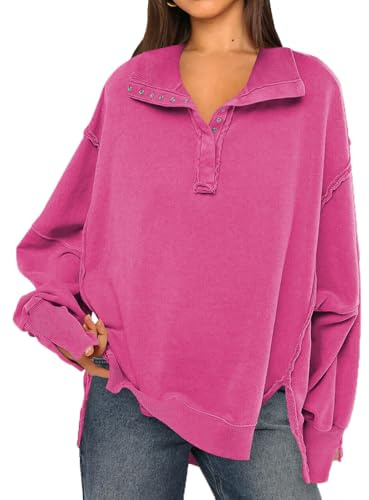 OLIPHEE Sudadera Mujer Sudadera Patchwork Gran Cuello V con Botones Suéter Vintage Talla Grande Sudadera sin Capucha Escote Doblado Manga Larga Sudadera Oversize Casual Sportwear