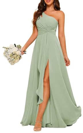 YIANN Robe de demoiselle d'honneur pour femme, longue avec épaule dénudée, en mousseline de soirée, de mariage, vert sauge, 36