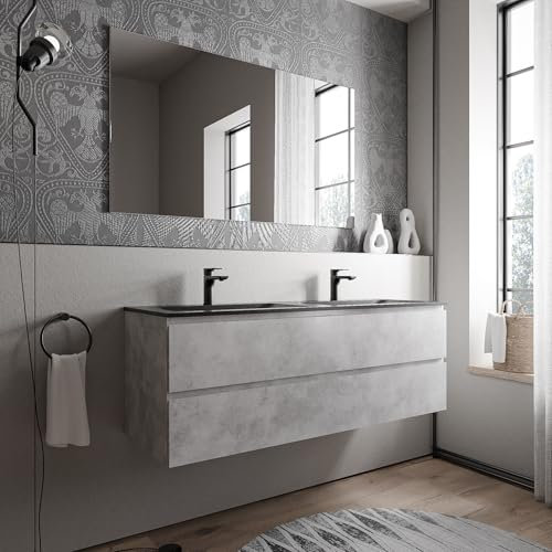 BERNSTEIN Badmöbel-Set AVA 140cm bestehend aus Mineralguss-Doppel-Waschbecken mit Unterschrank in Beton, Waschtisch Bruxelles - Schwarz matt mit Hahnloch, Ideal für große Bäder