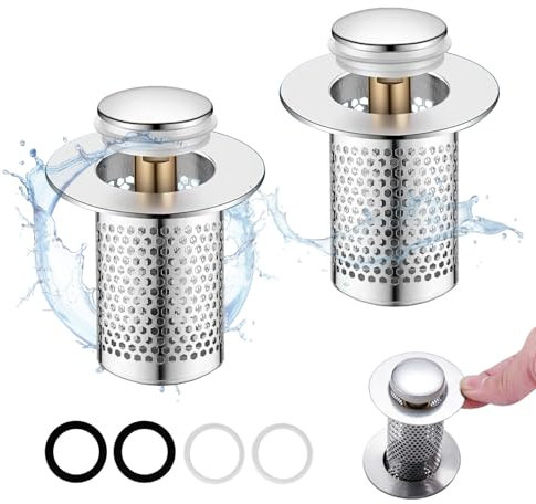 KATLINNA Abflussstopfen 2 Stück Waschbeckenstöpsel 34-38mm Stöpsel Waschbecken aus Edelstahl Universal Waschbeckenstöpsel mit Sieb Pop Up Ablaufventil Abflusssieb mit Haarsieb für Aufsatzwaschbecken